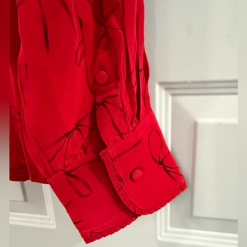 J CREW Red Bow Print Button Up Shirt Removable Neck Tie Crepe de Chine Blouse - Picture 7 of 7
